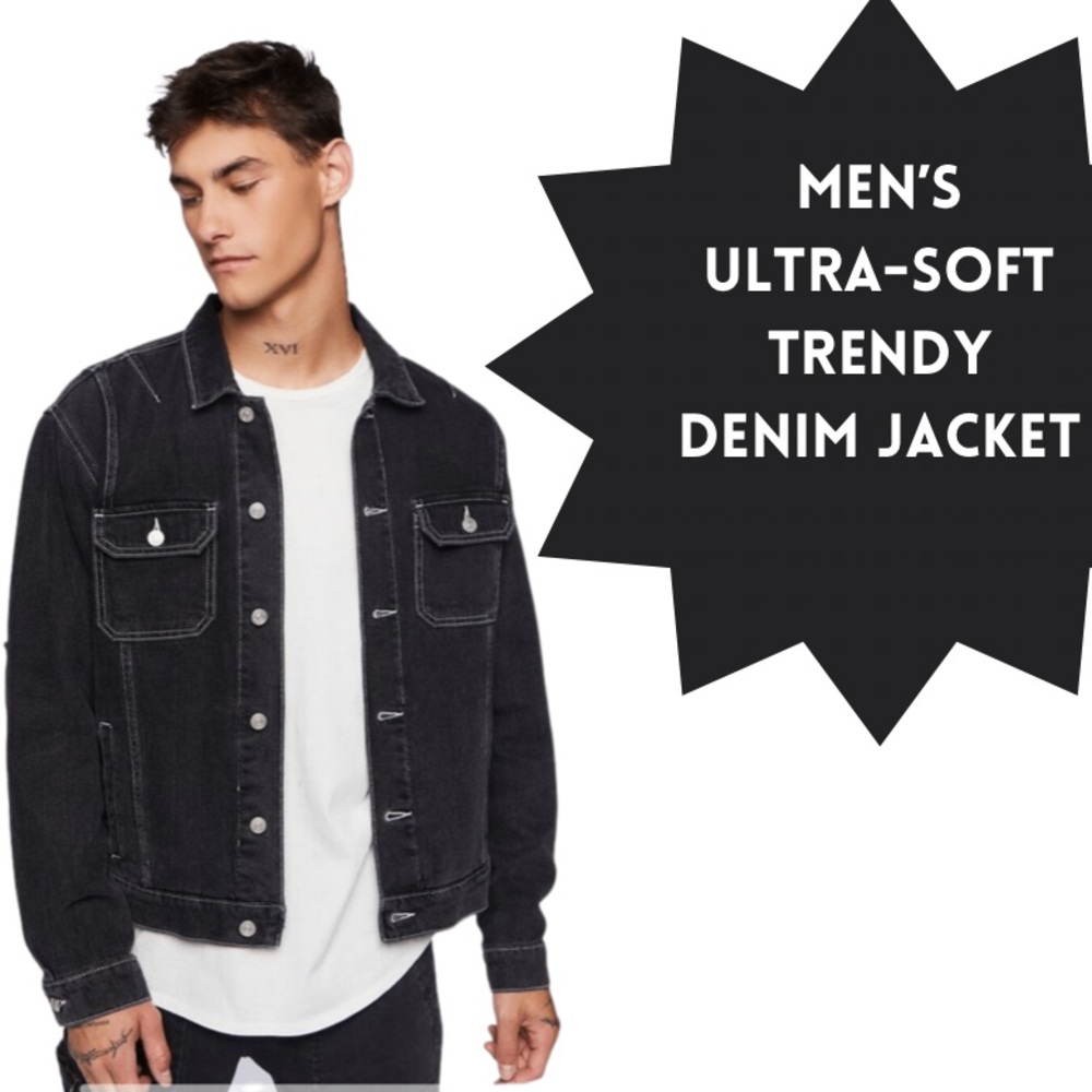 ⭐️ ULTRA SOFT ⭐️ MEN’S BLACK DENIM JACKET With WHITE STITCHING